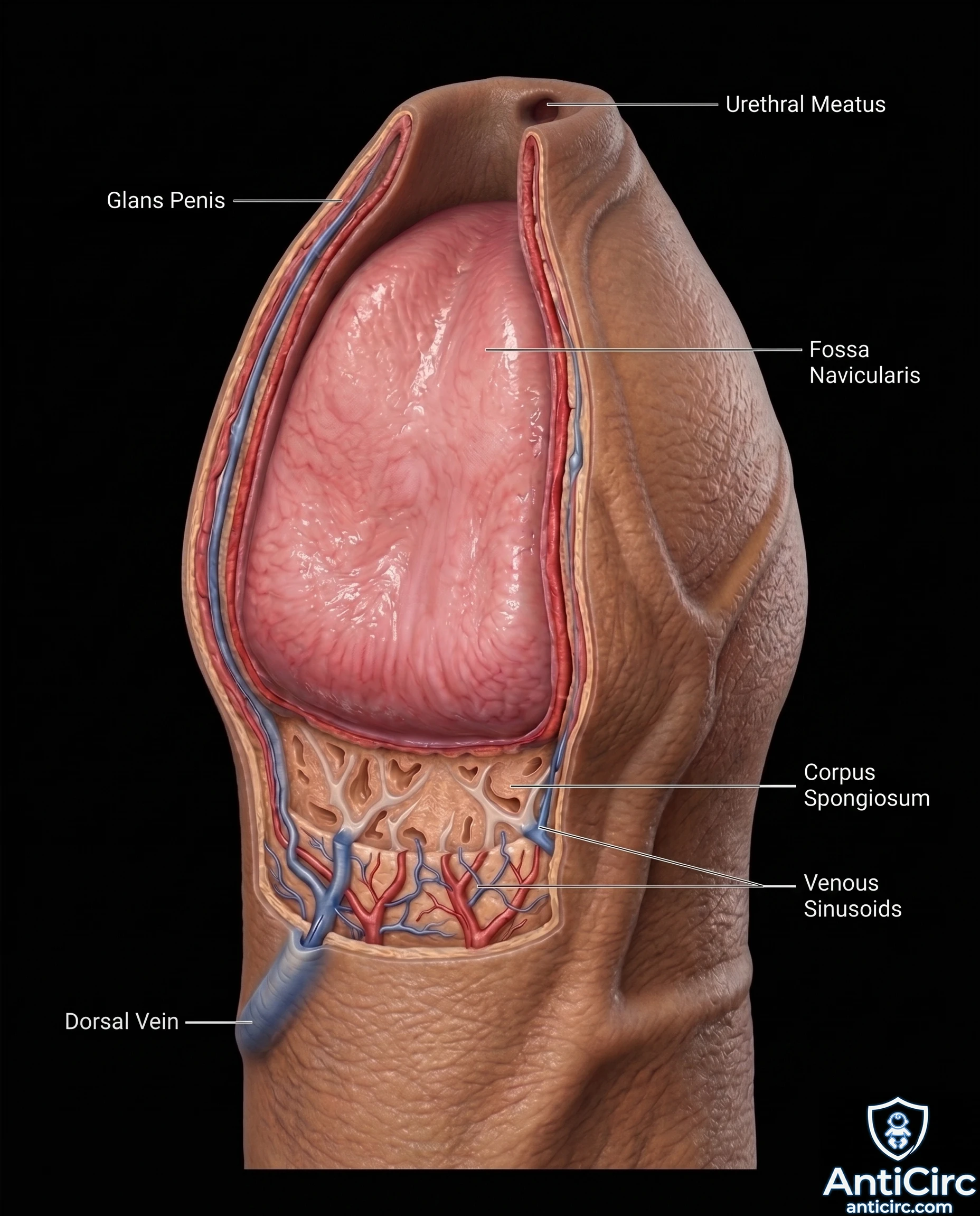 Annotated anatomy showing the bi-layer foreskin structure and butterfly shape