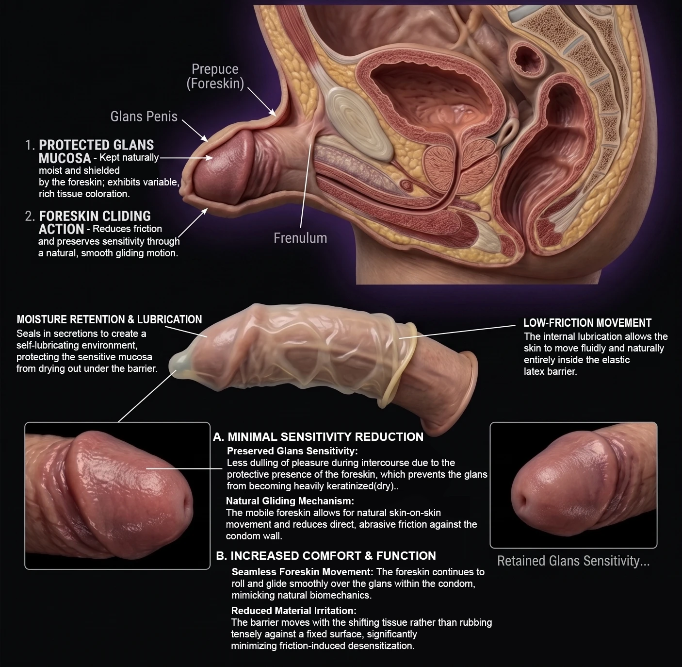 Illustration of the intact foreskin's gliding action, moisture retention and low-friction movement during intercourse