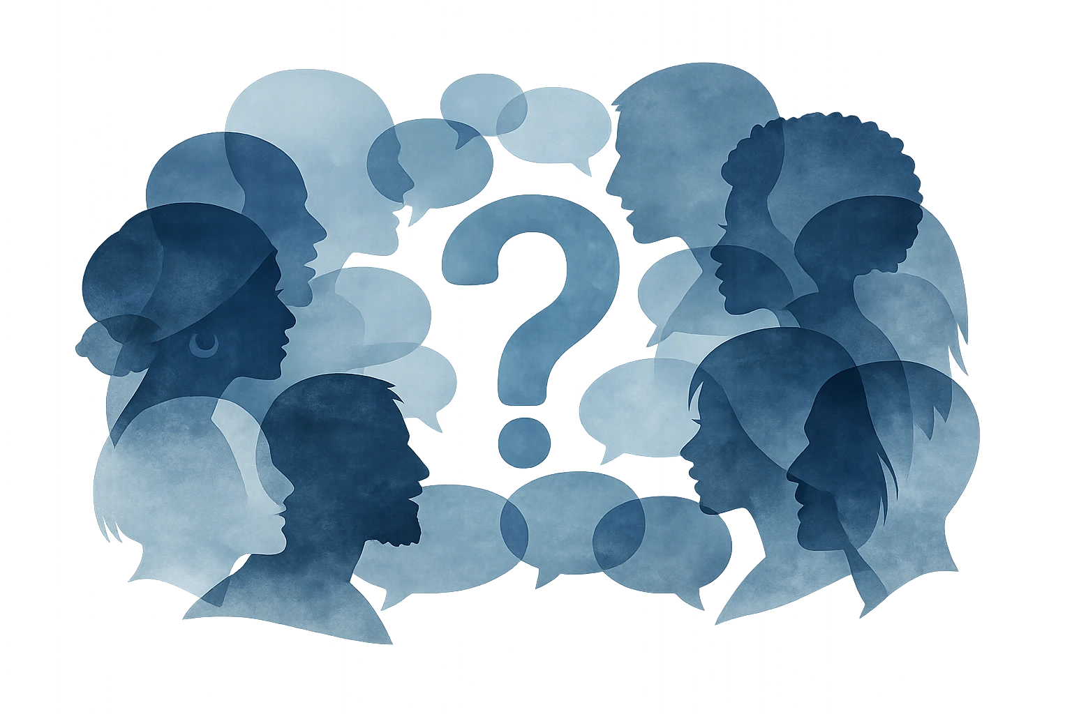 An editorial illustration of many diverse silhouetted faces in conversation around a central question mark, calm blue-slate palette, abstract and respectful, no text — representing a many-sided ethical debate.