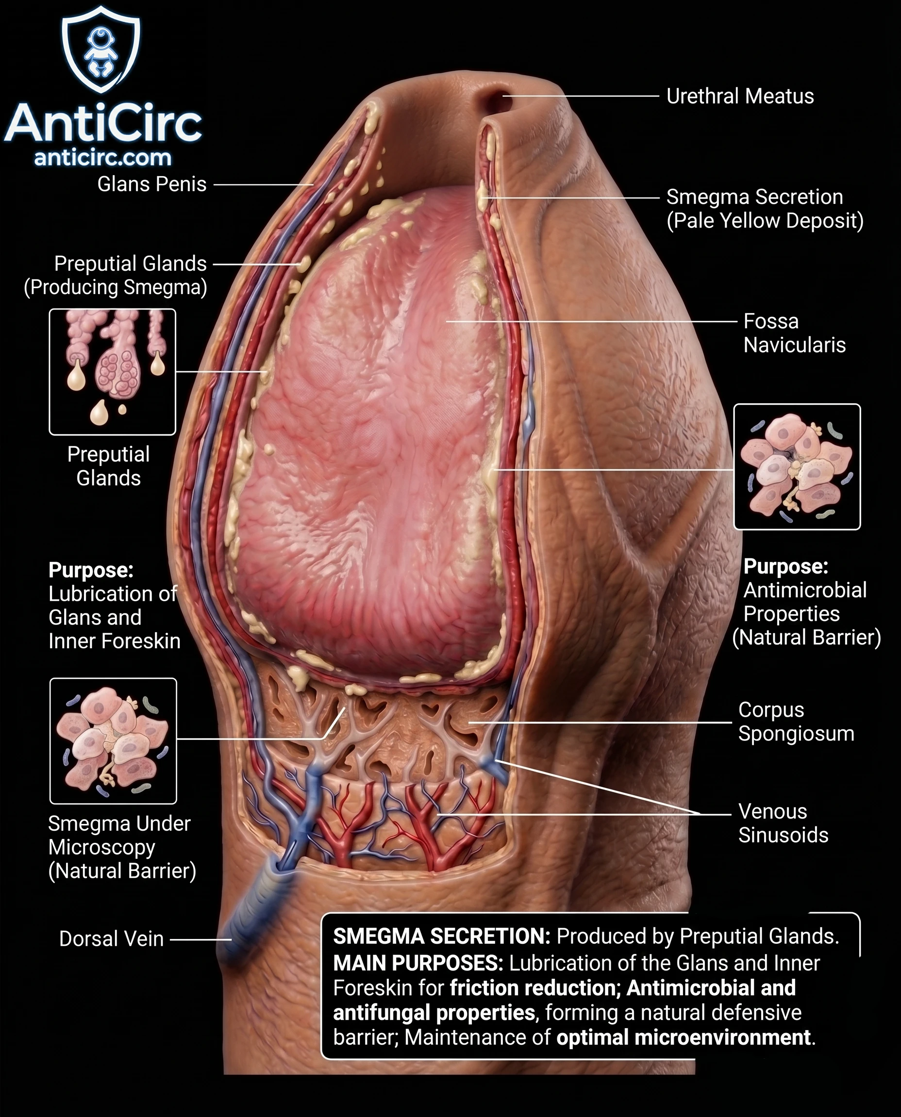 Annotated anatomy showing nerves, blood vessels, preputial glands and smegma