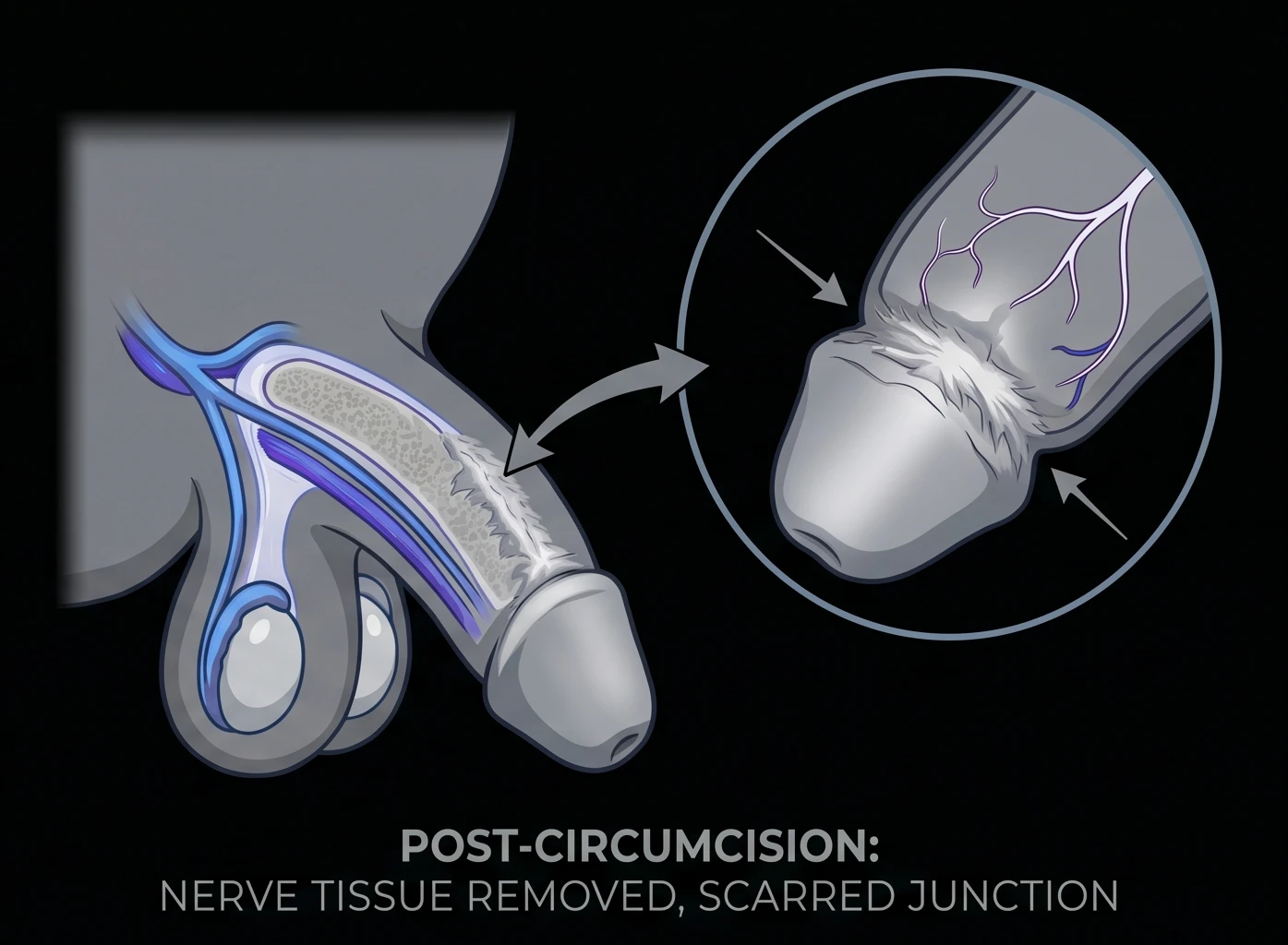 Post-circumcision: nerve tissue removed, scarred junction