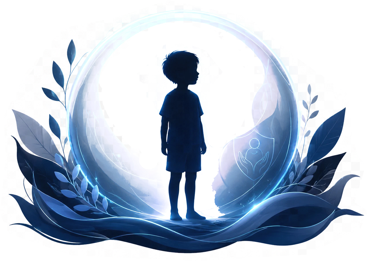 A child's silhouette standing inside a protective ring of light, framed by leaves — symbolising bodily autonomy and children's rights.