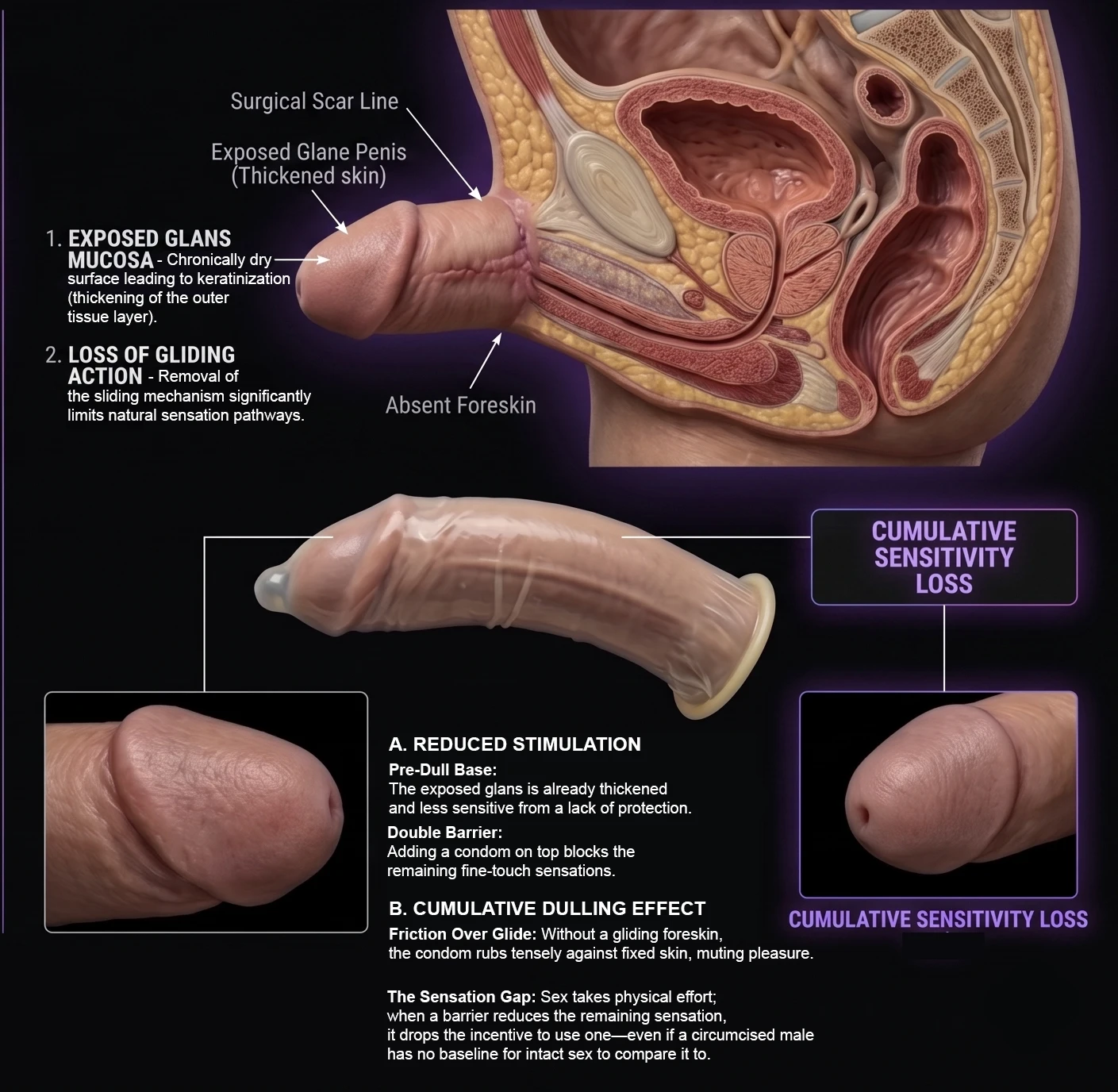 Illustration of the circumcised state: exposed keratinized glans, loss of gliding action and friction during intercourse