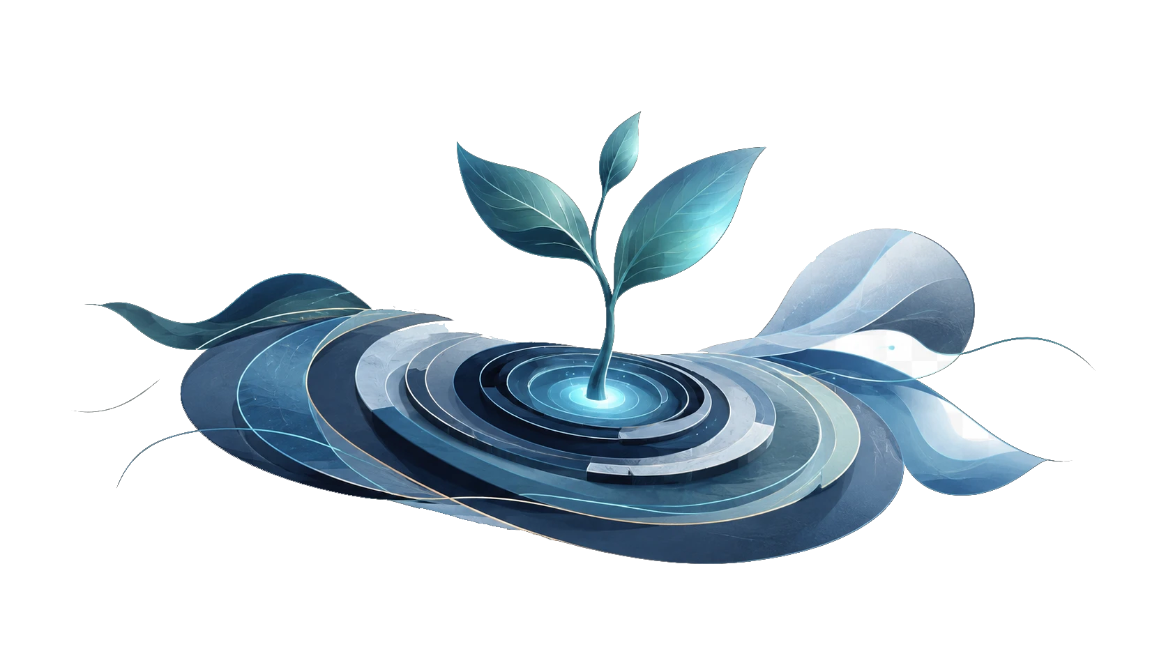 A seedling rising from concentric blue rings — tissue renewal and self-restoration.